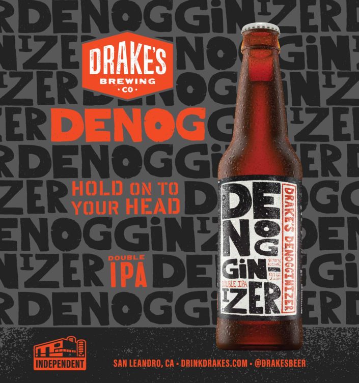 Advertisement for Drake's Denogginizer Double IPA featuring the beer bottle.