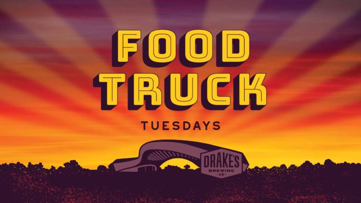 Food Truck Tuesdays Event Graphic with a Sunset behind Drake's BARN