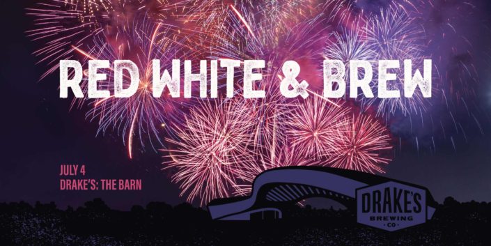 Red White and Brew Fourth of July Event Graphic with Fireworks